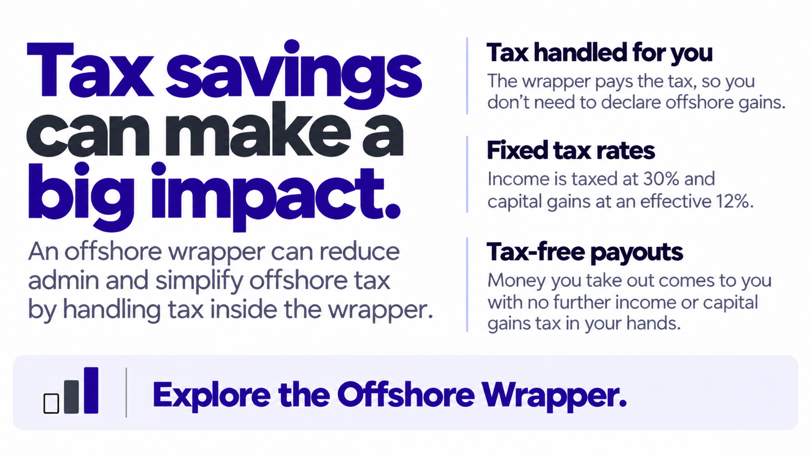 Offshore investment wrapper showing tax handled inside the wrapper, fixed tax rates and tax-free payouts.