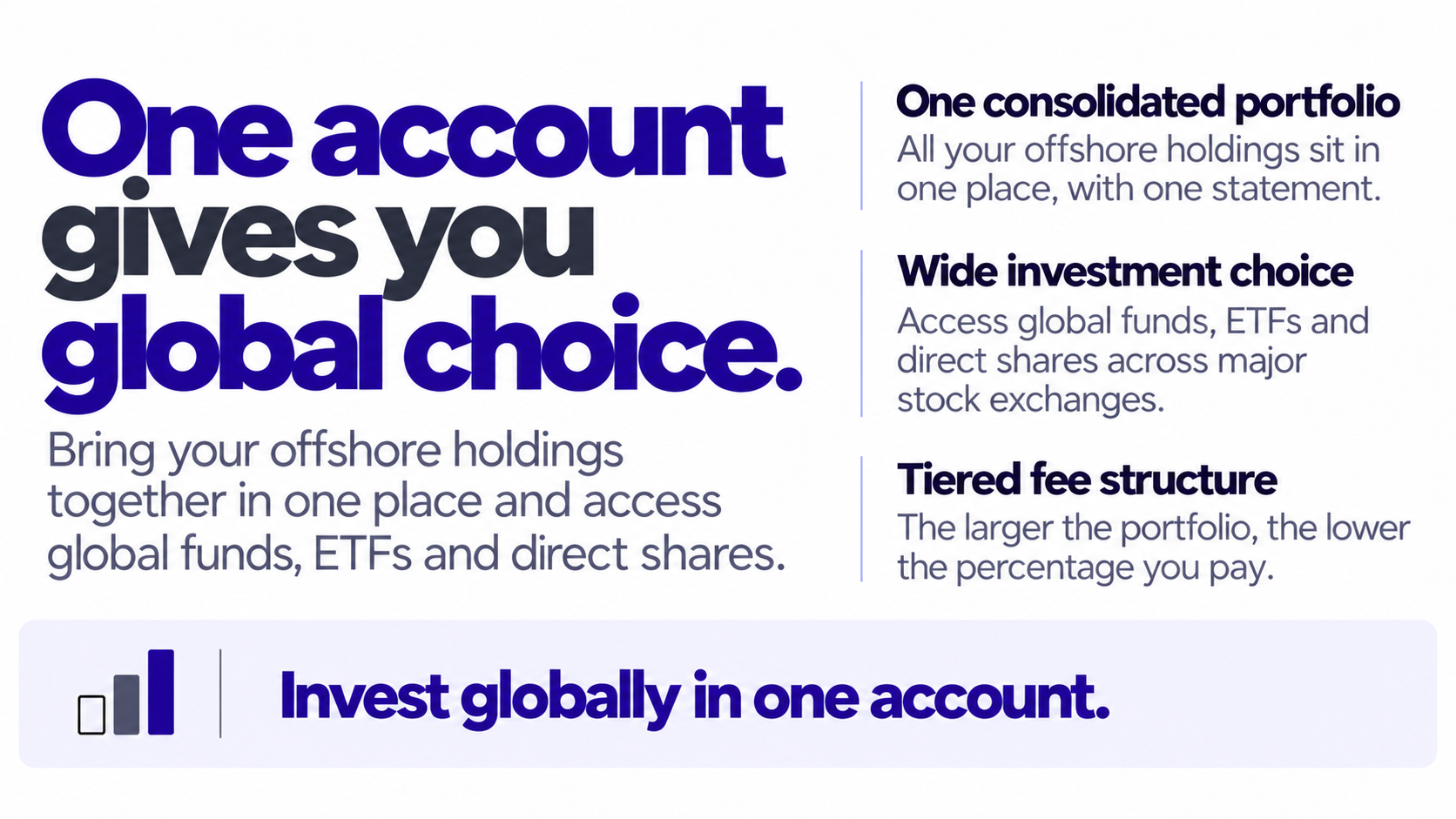 Offshore investment wrapper showing one consolidated portfolio, global investment choice and a tiered fee structure.